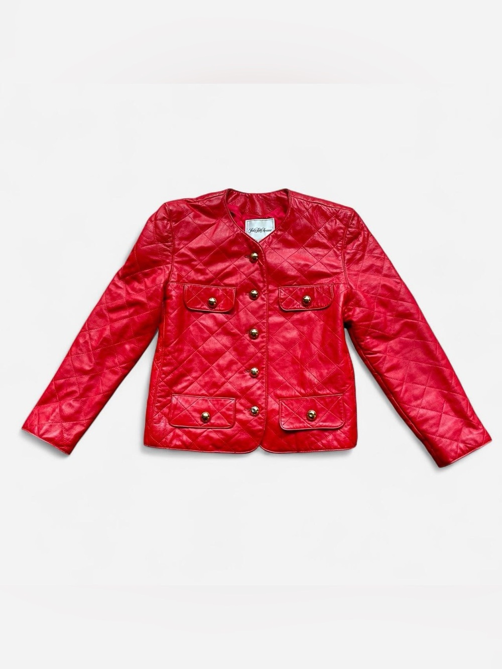 Saks Fifth Avenue Red Quilted Leather Jacket with Gold Buttons